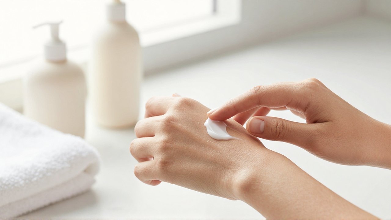 Unas manos aplican crema hidratante sobre un antebrazo en un ambiente de baño luminoso y minimalista.