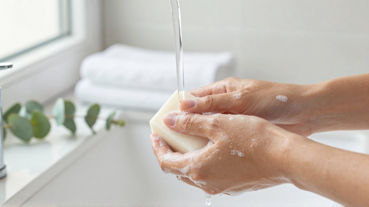 Manos lavándose con jabón cremoso bajo agua corriente en un baño luminoso y minimalista.