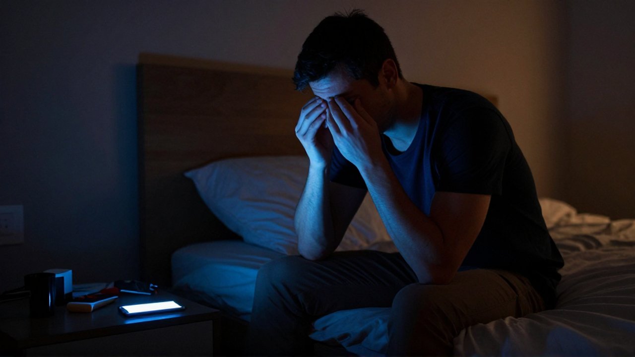 Un hombre cansado se frota los ojos sentado en la cama junto a un smartphone iluminado.