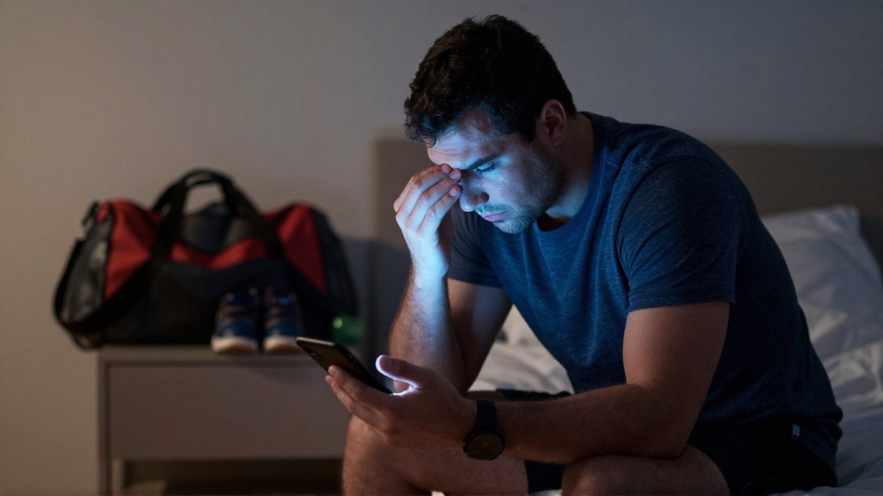 Atleta fatigado sentado en la cama, frotándose los ojos con la luz de un móvil.
