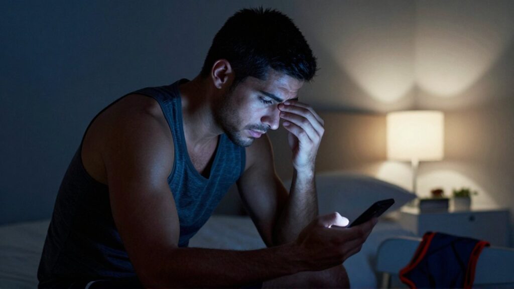 Atleta agotado sentado en la cama de noche