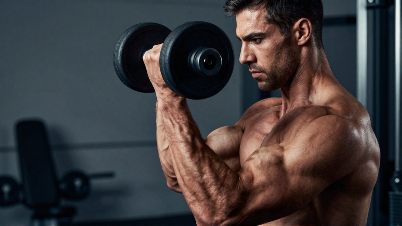 Atleta musculoso realiza un curl de bíceps con mancuernas pesadas en un gimnasio moderno.