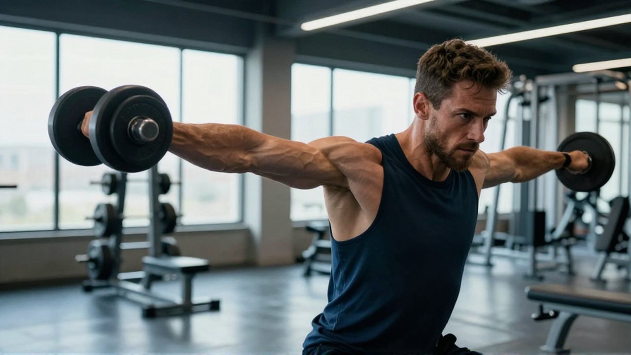 Atleta musculoso con expresión de concentración realiza elevaciones laterales con mancuerna en un gimnasio moderno.