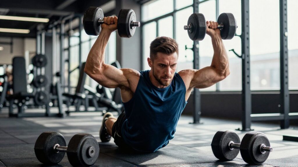 Atleta musculoso realiza press de pecho con mancuernas en un gimnasio moderno y luminoso.