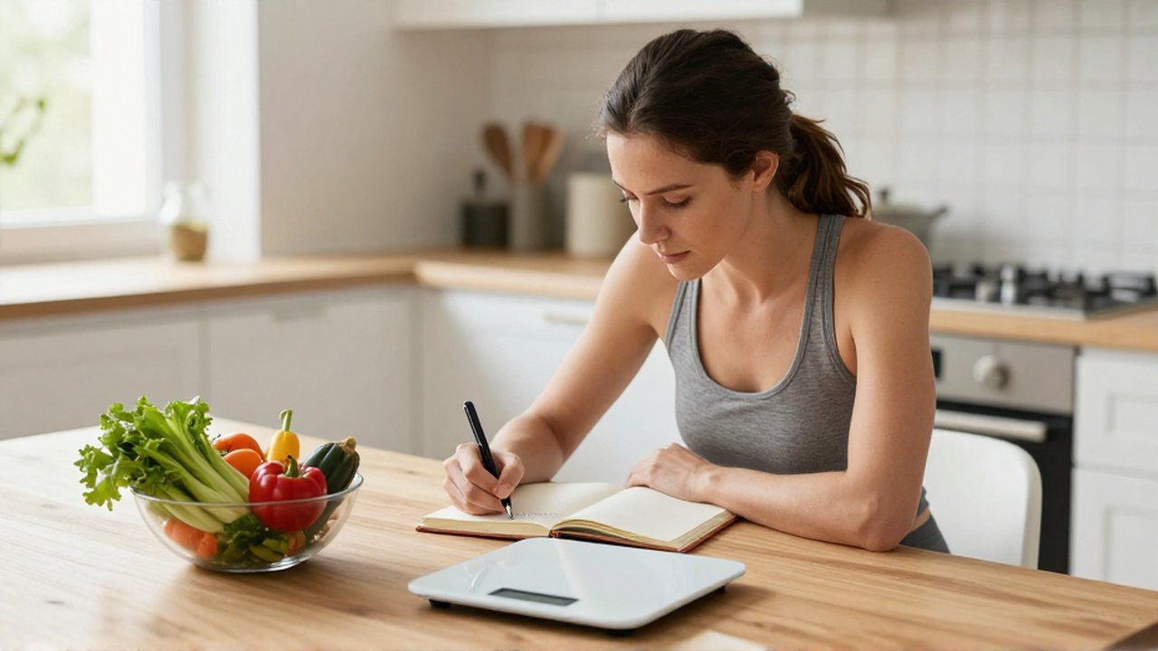 Mujer de treinta años escribe en un diario junto a vegetales frescos y una báscula digital en una cocina iluminada.