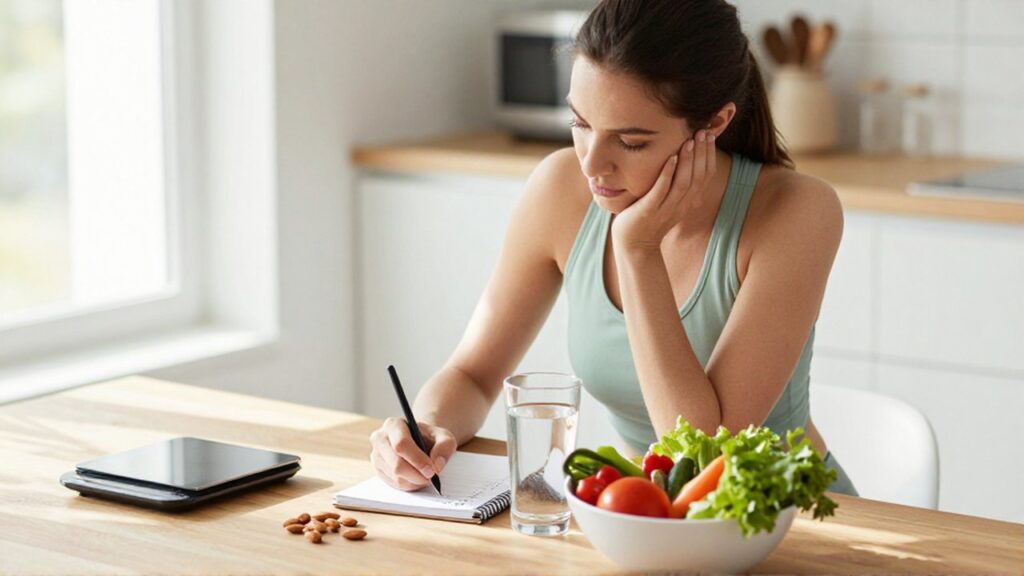 Mujer con ropa deportiva anota datos en un cuaderno junto a vegetales y una báscula.