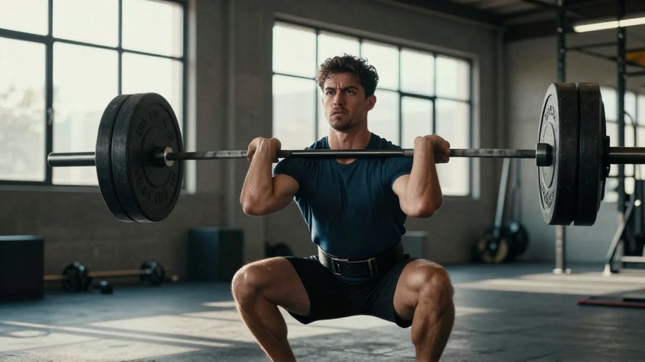Atleta concentrado realiza una sentadilla con barra pesada en un gimnasio de estilo industrial.