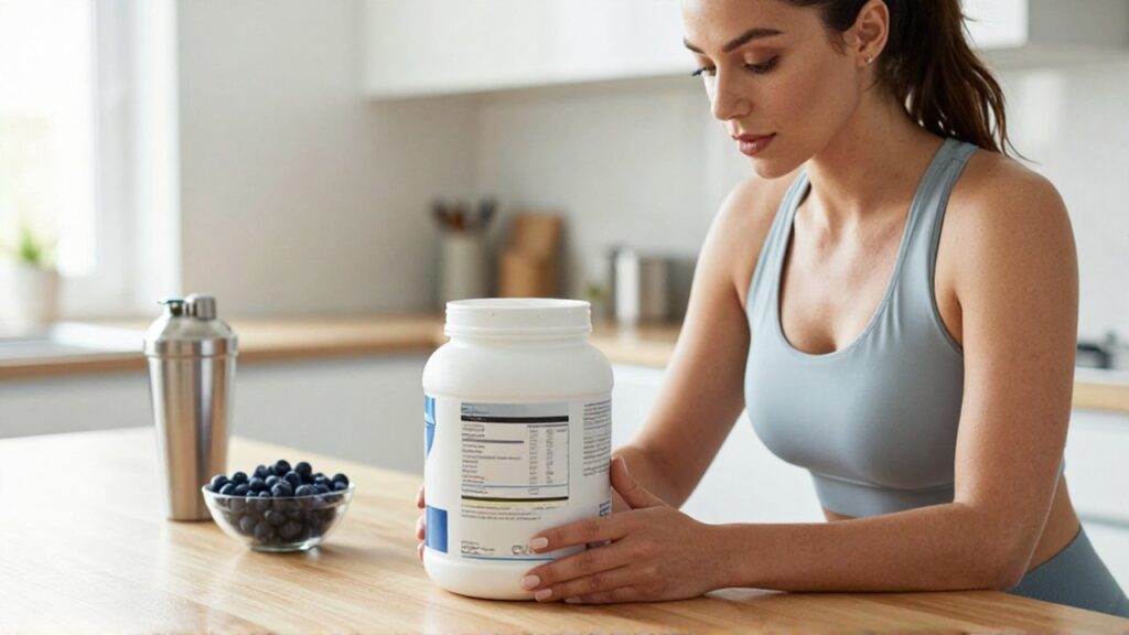 Mujer deportista lee la etiqueta nutricional de un bote de proteína en una cocina luminosa.