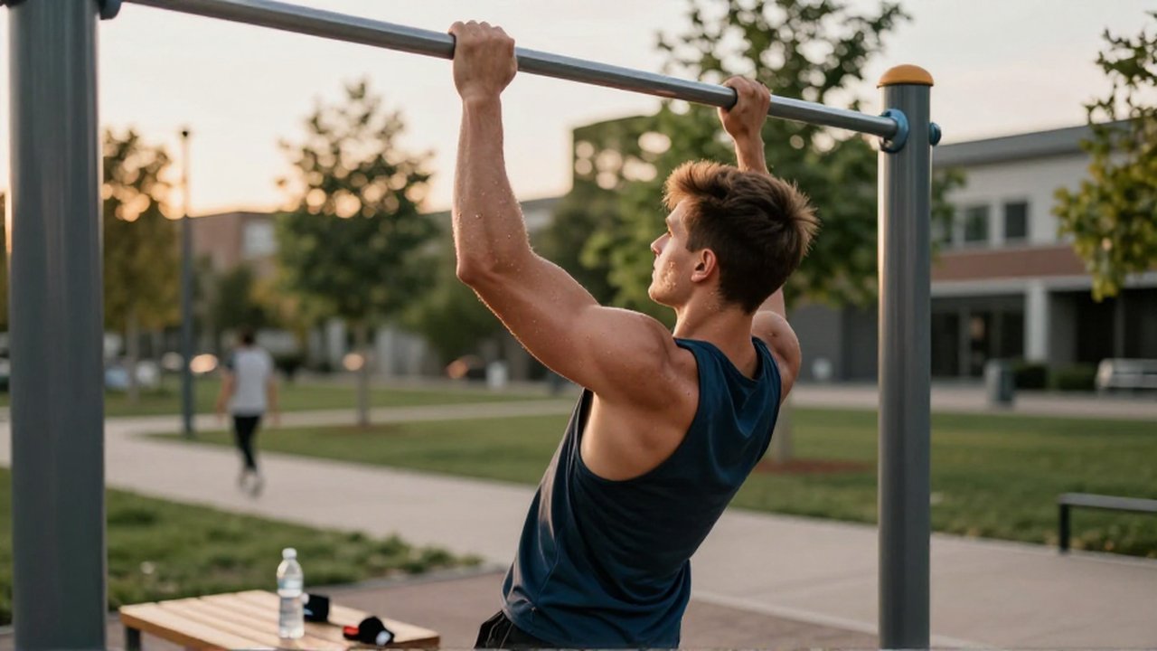 Joven realizando una flexión en una barra de metal en un parque urbano durante el atardecer.