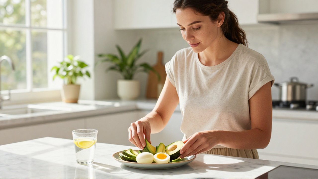 Mujer preparando un plato con aguacate y huevo en una cocina luminosa y moderna.