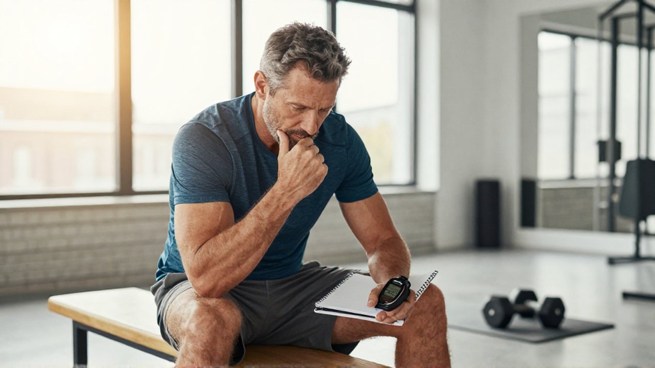 Atleta de mediana edad descansando en un gimnasio moderno mientras observa un cronómetro.