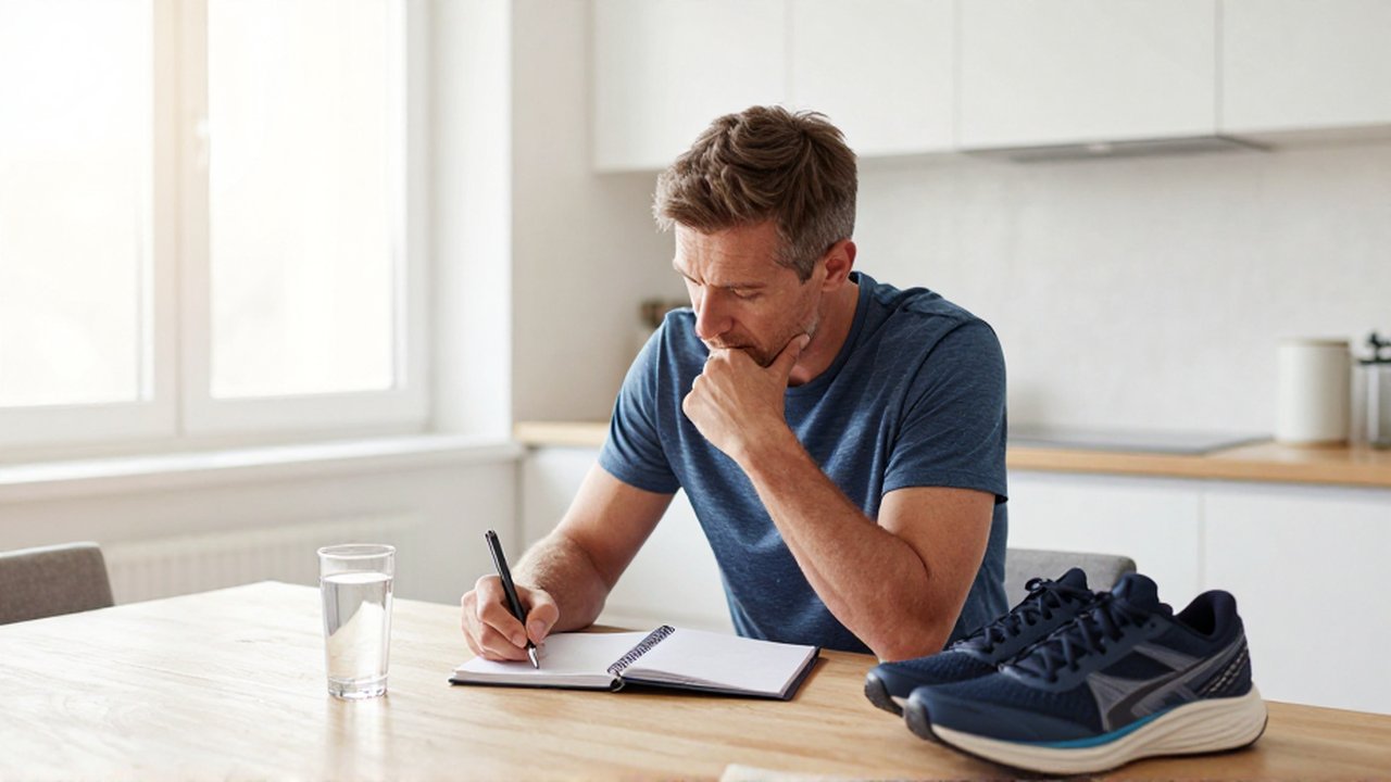 Un hombre de mediana edad escribe en un planificador en una cocina luminosa y minimalista.