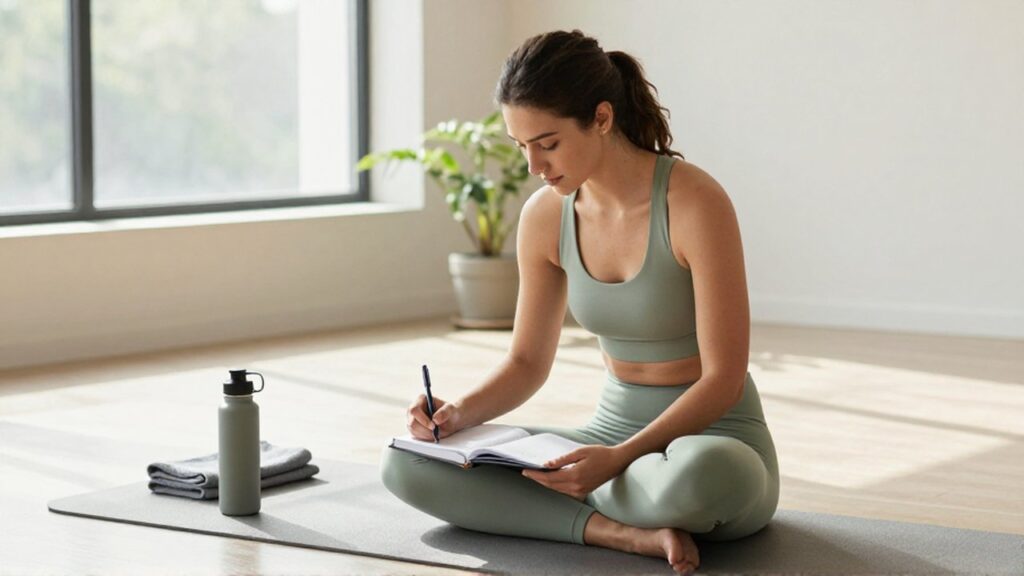 Mujer sentada en una esterilla de yoga escribiendo en una agenda en un estudio luminoso.