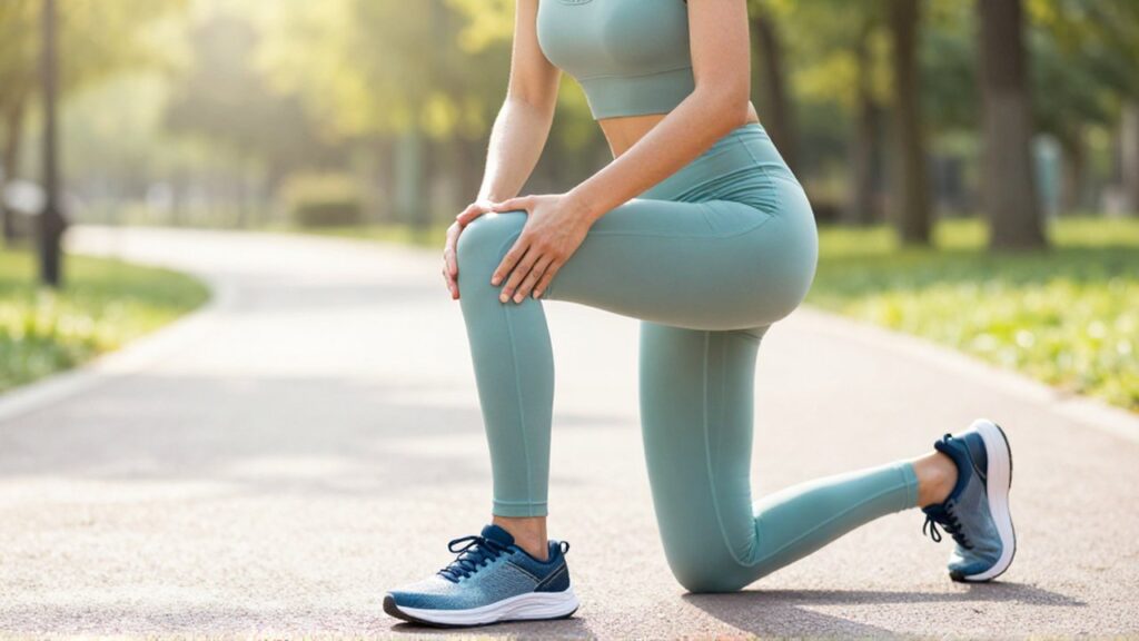 Mujer deportista realiza estiramientos dinámicos de rodilla en un sendero urbano rodeado de vegetación.