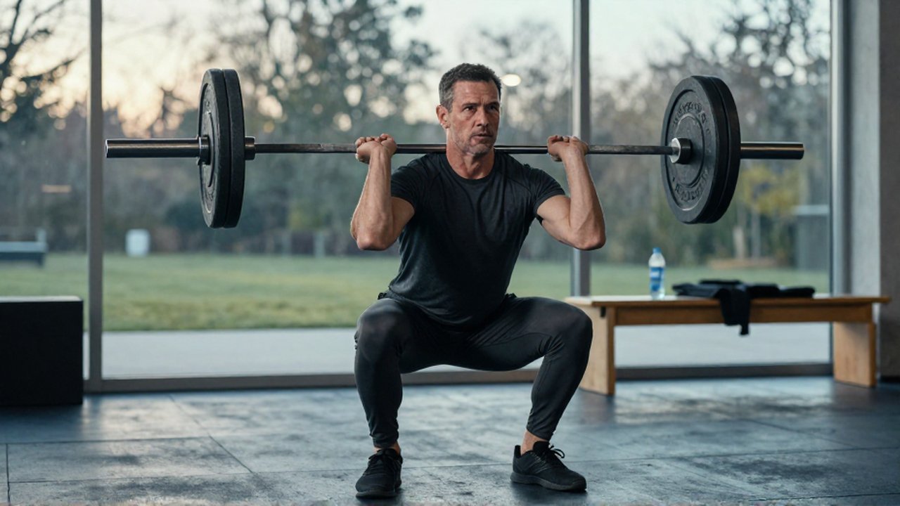 Atleta de mediana edad realizando una sentadilla con barra en un gimnasio luminoso frente a un parque.