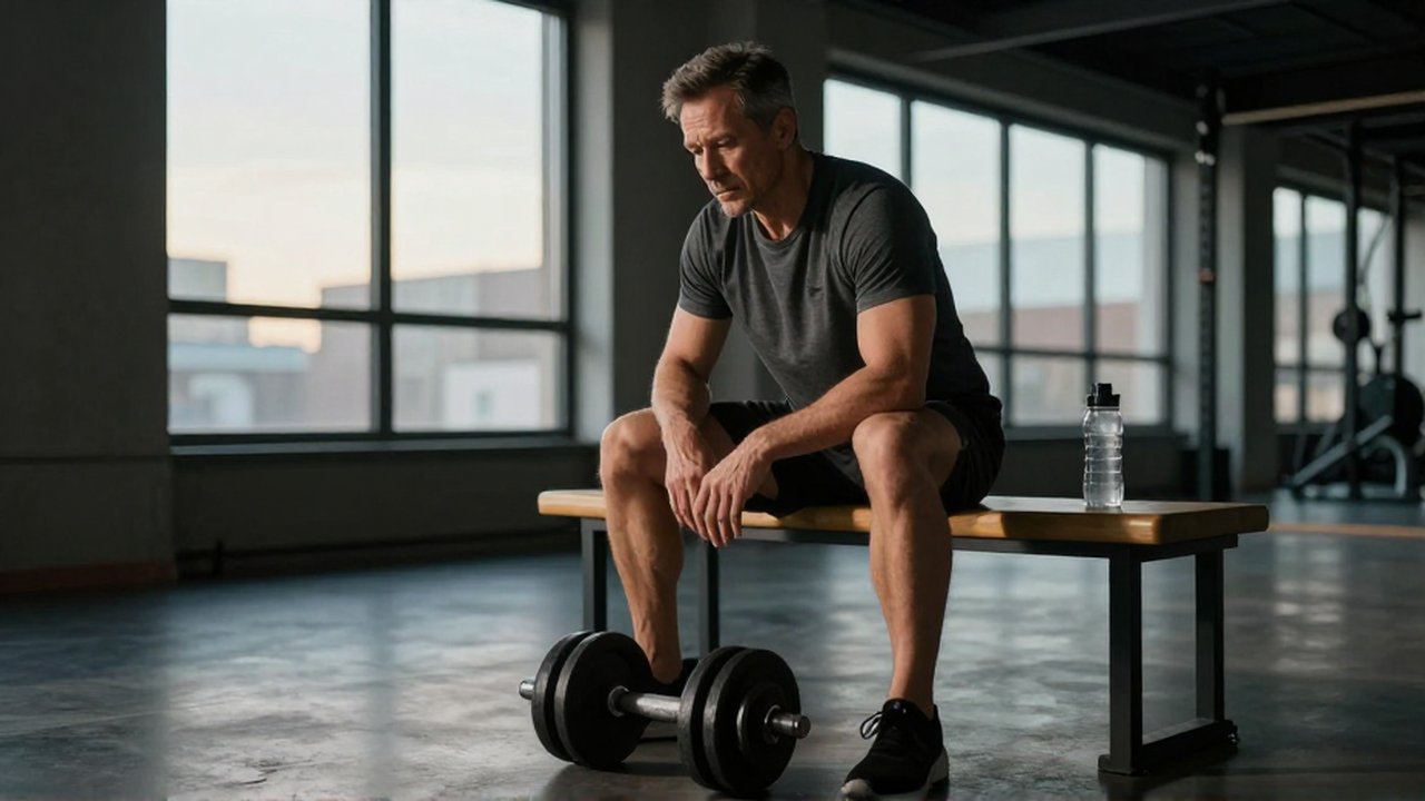 Atleta de mediana edad sentado en un gimnasio minimalista, mirando fijamente unas mancuernas con determinación.