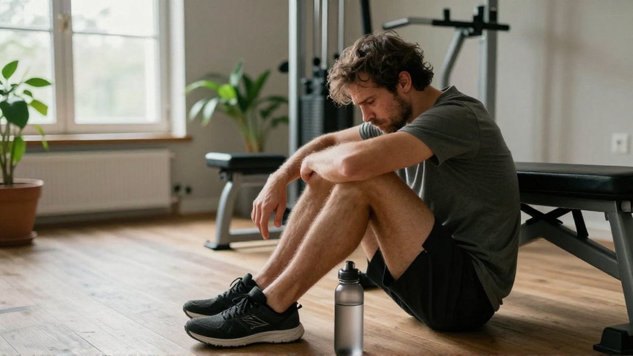 Hombre con postura cansada sentado en el suelo de un gimnasio doméstico iluminado por el sol.