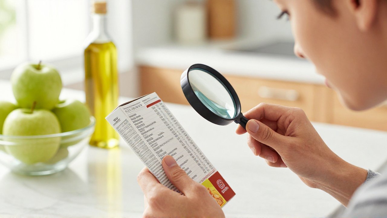 Una persona examina con una lupa la lista de ingredientes de un paquete de snacks en una cocina luminosa.