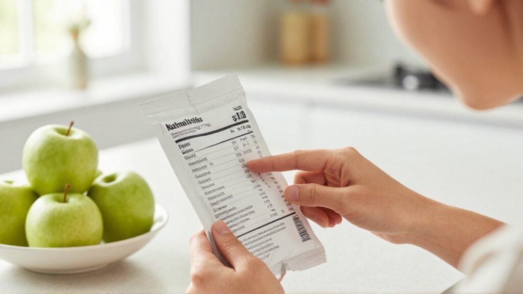 Una persona lee con atención la lista de ingredientes de un paquete de comida en una cocina luminosa.