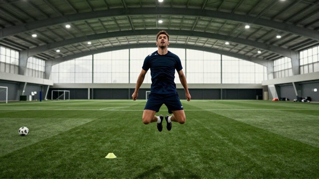 Futbolista masculino realiza un salto explosivo sobre césped en un centro de entrenamiento moderno.