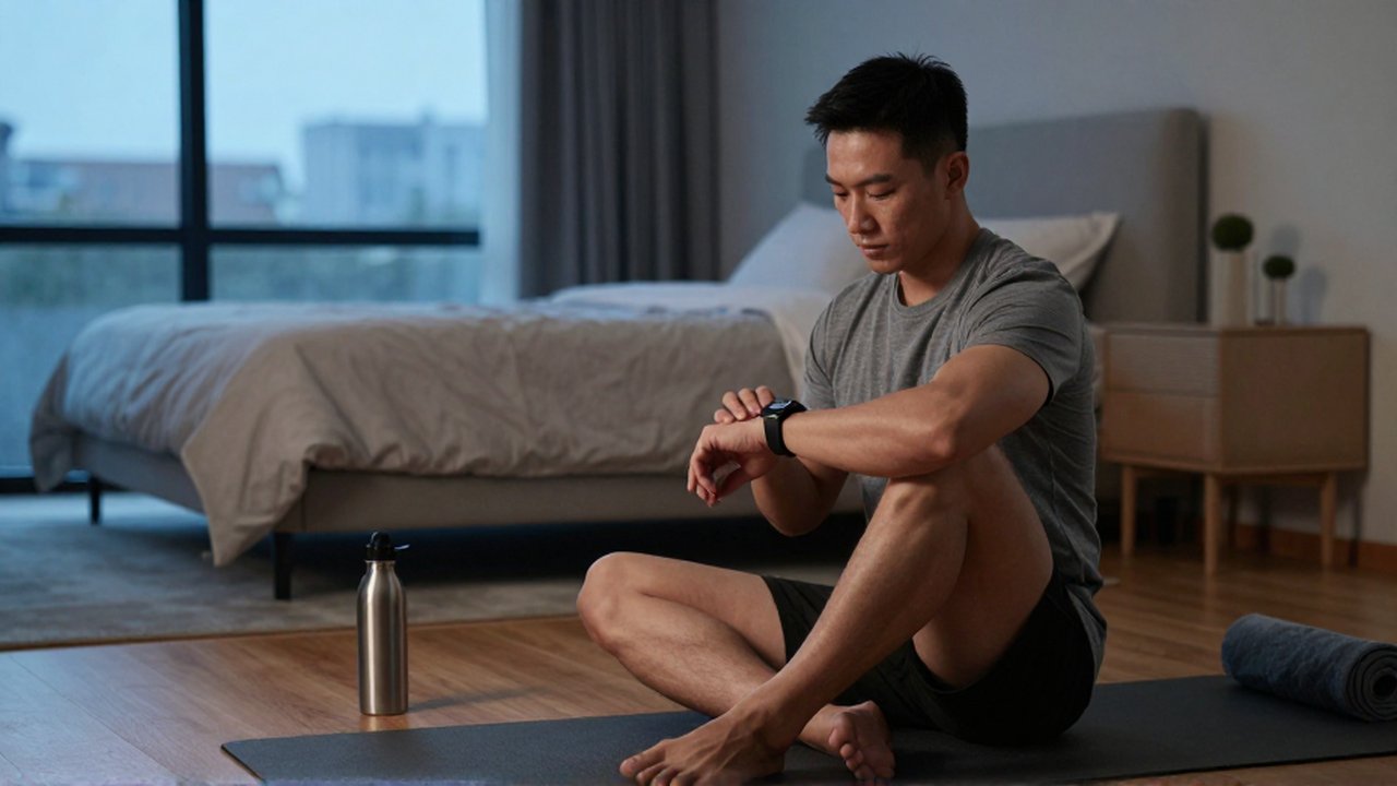 Atleta sentado en una esterilla de yoga revisando su reloj en una sala minimalista y tranquila.