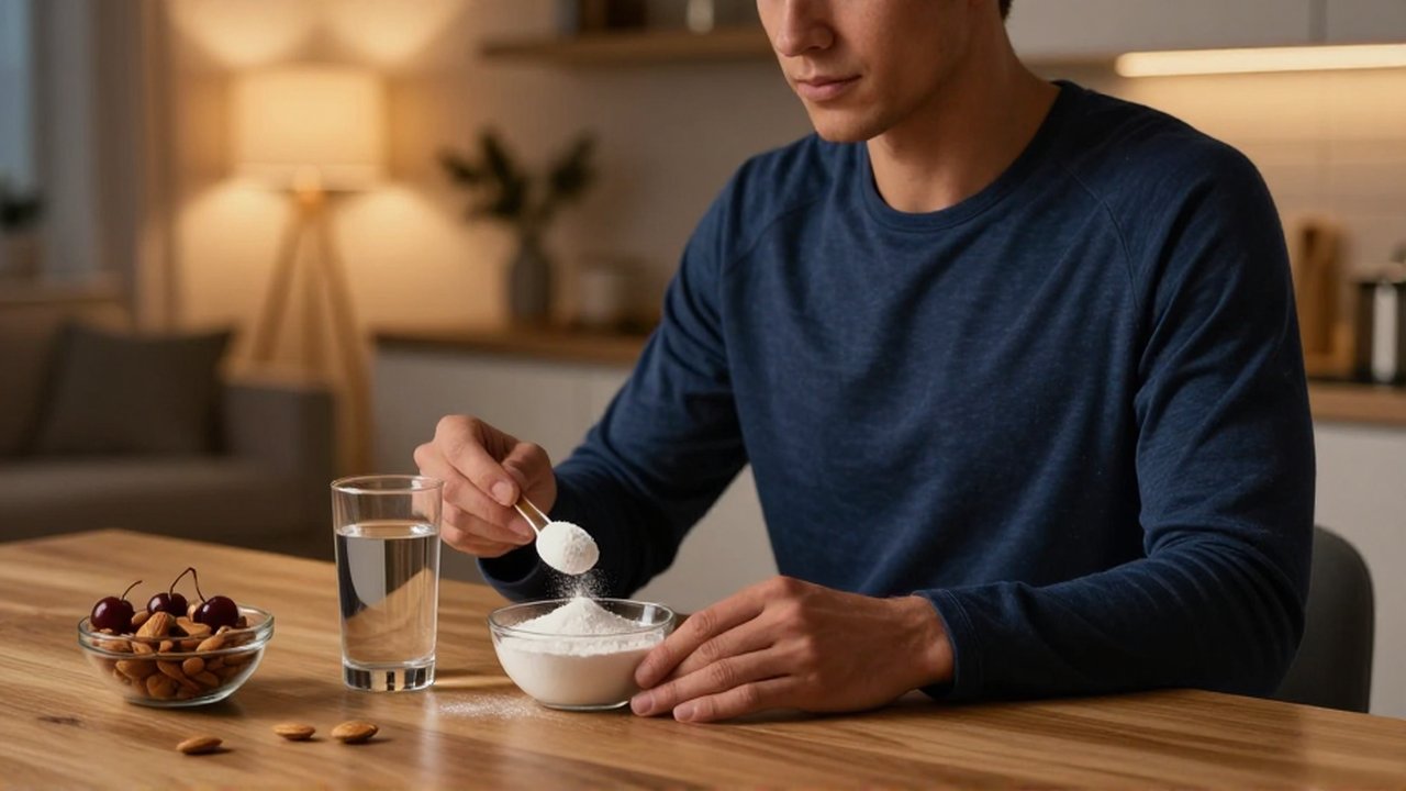 Persona en ropa cómoda preparando una bebida con magnesio y frutos secos en una cocina acogedora.