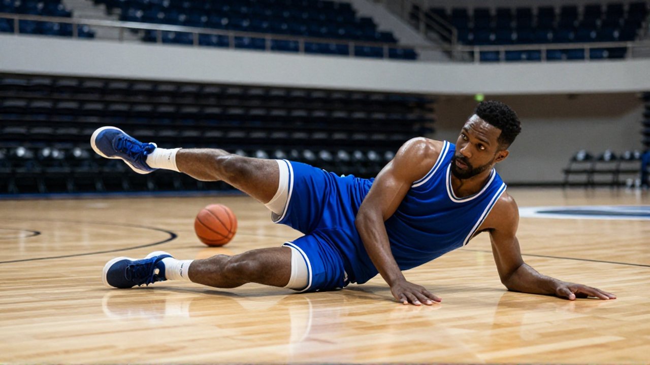 Jugador de baloncesto realizando un deslizamiento lateral defensivo en una cancha profesional de madera.