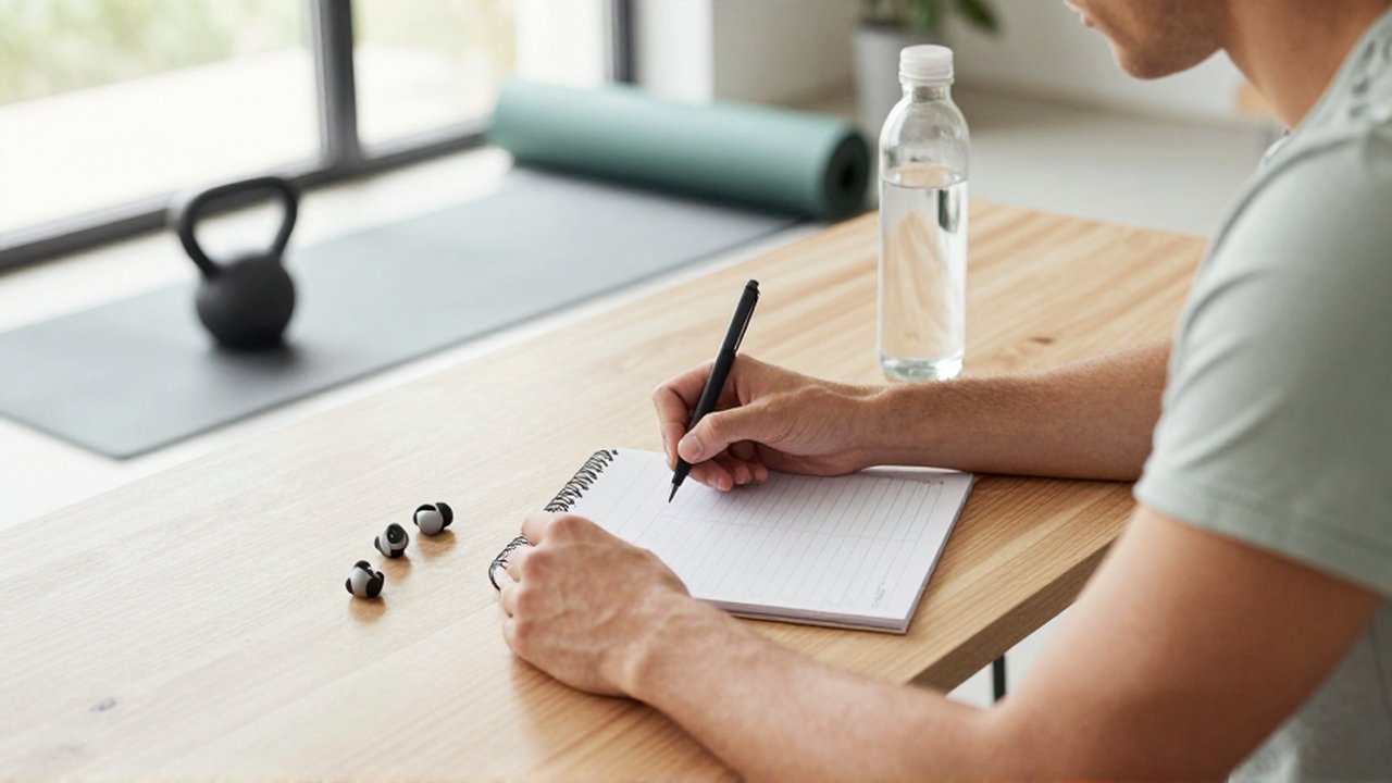 Persona escribiendo su plan de entrenamiento en una agenda sobre un escritorio junto a equipo de gimnasia.