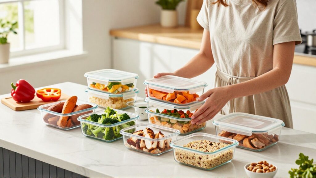 Una mujer organiza recipientes de vidrio con comida saludable en una cocina iluminada por el sol.