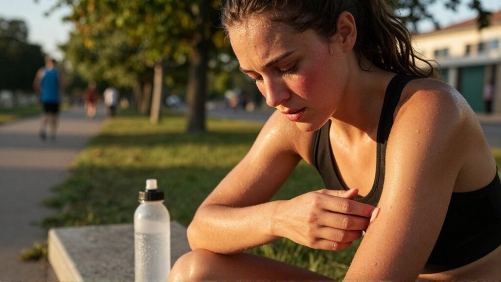 Mujer cansada y sudorosa descansa en un parque urbano junto a una botella de agua.