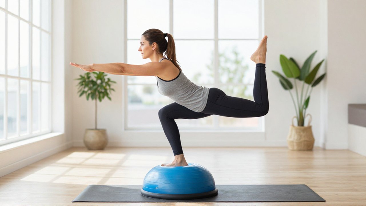 Mujer con ropa deportiva realiza un ejercicio de equilibrio sobre un BOSU en un gimnasio luminoso.