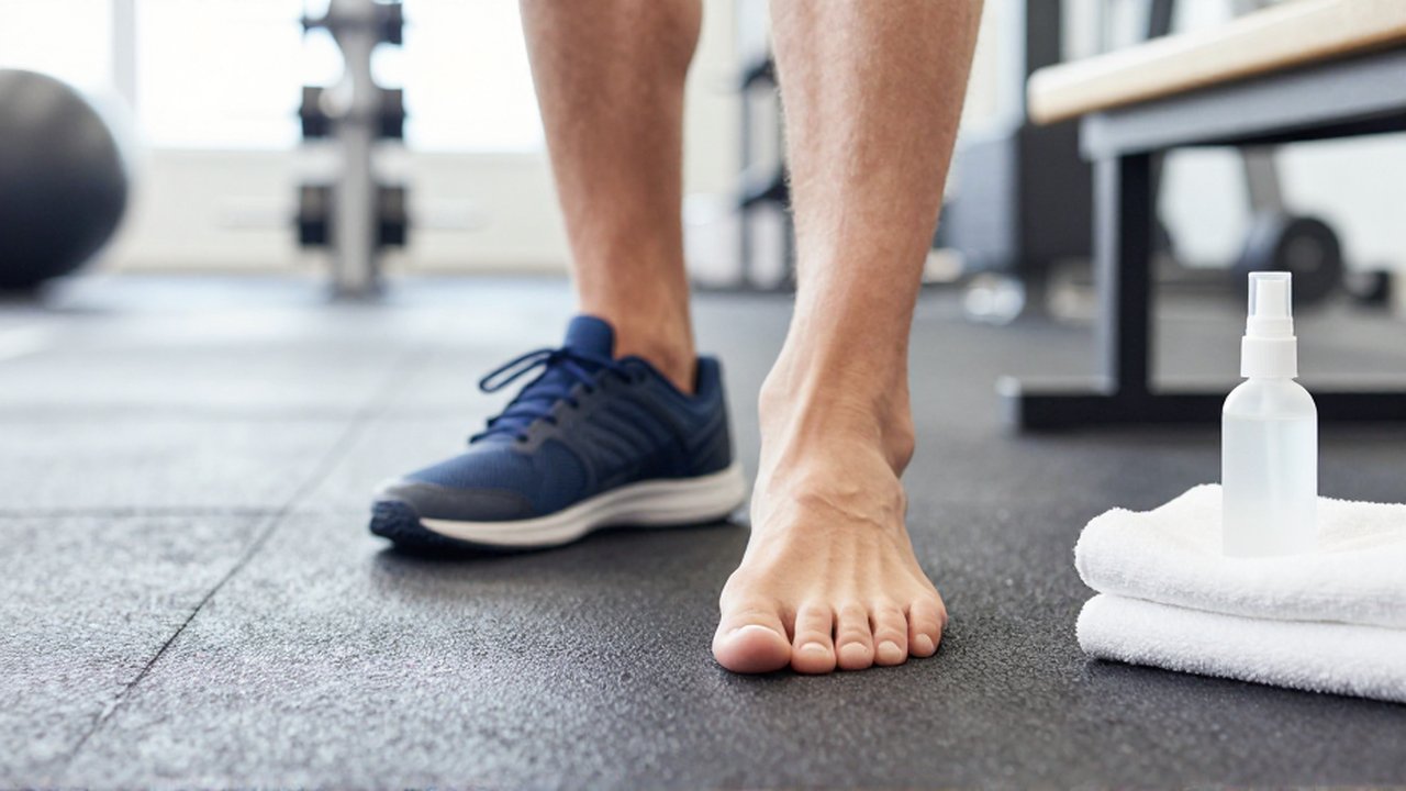 Una persona descalza pisa un suelo de goma en un gimnasio limpio y moderno.
