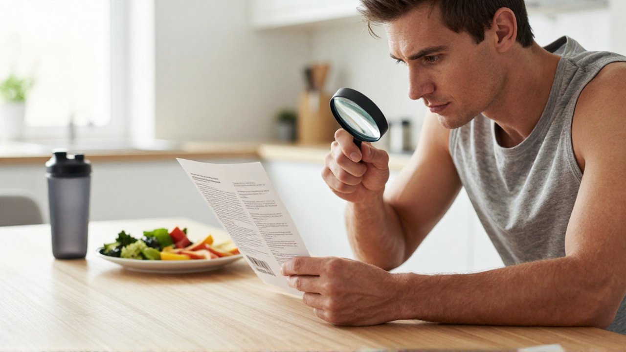 Persona concentrada examinando con una lupa la etiqueta de un suplemento en una cocina luminosa.