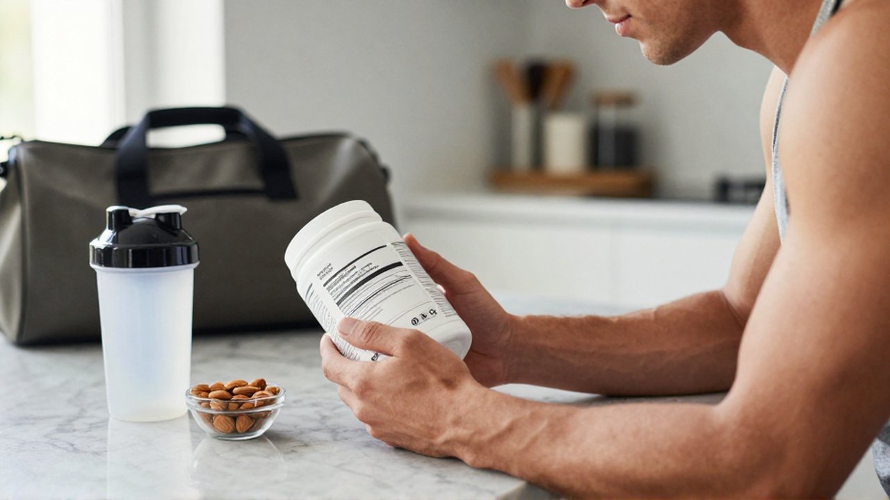 Una persona examina cuidadosamente la etiqueta de un suplemento en una cocina moderna y luminosa.
