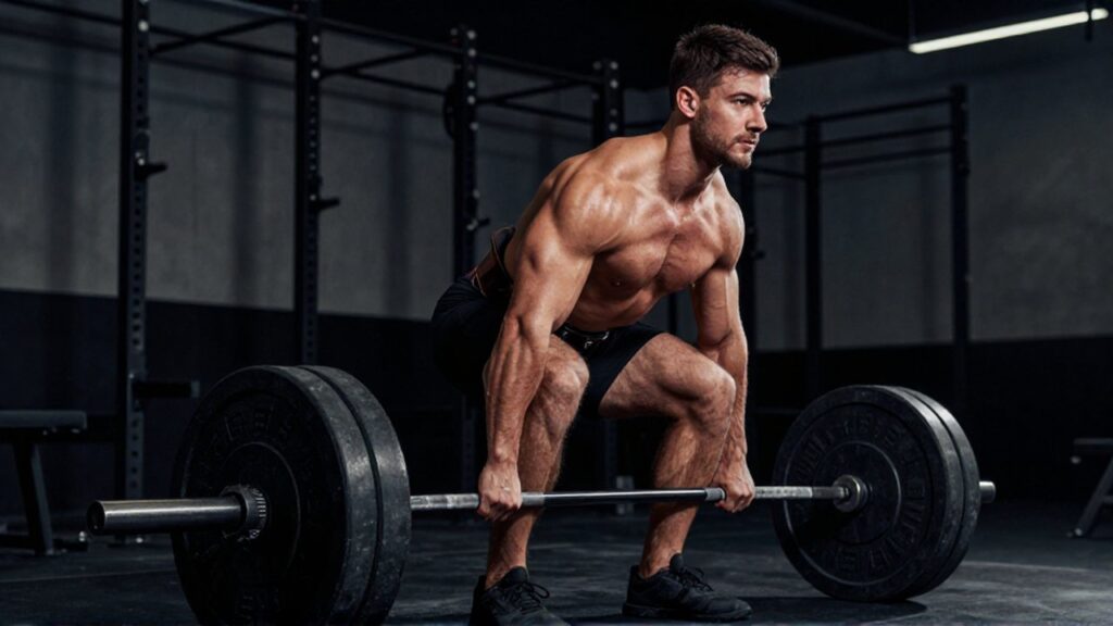 Atleta musculoso realiza un peso muerto con técnica correcta en un gimnasio de estilo industrial.