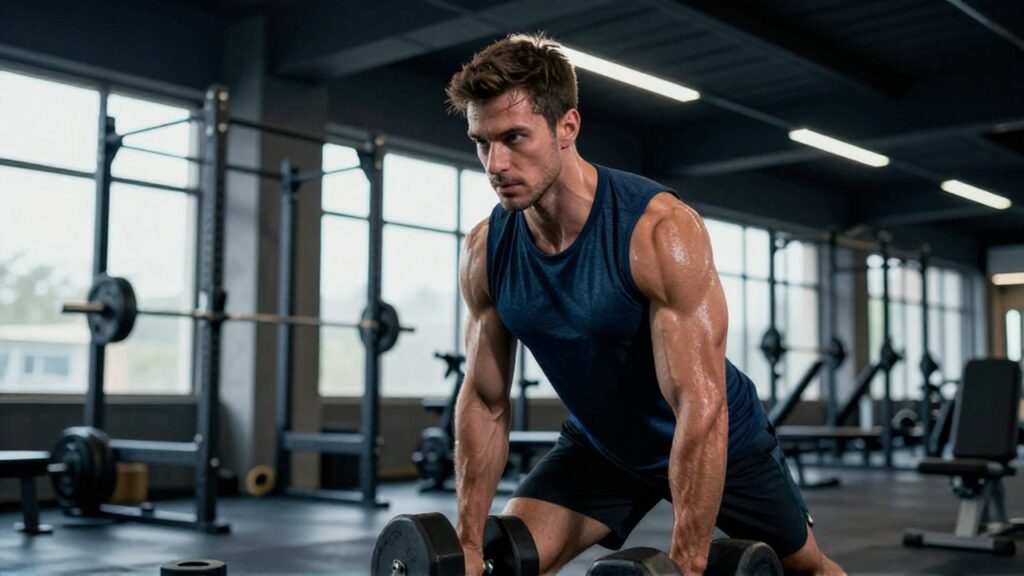 Hombre atlético realiza elevaciones laterales con mancuernas en un gimnasio moderno y bien iluminado.