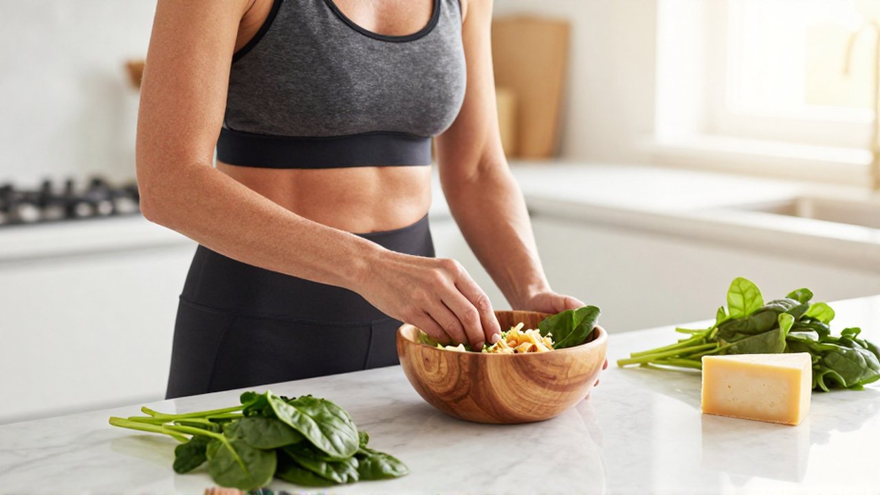 Mujer en ropa deportiva prepara una ensalada con vegetales verdes en una cocina luminosa.