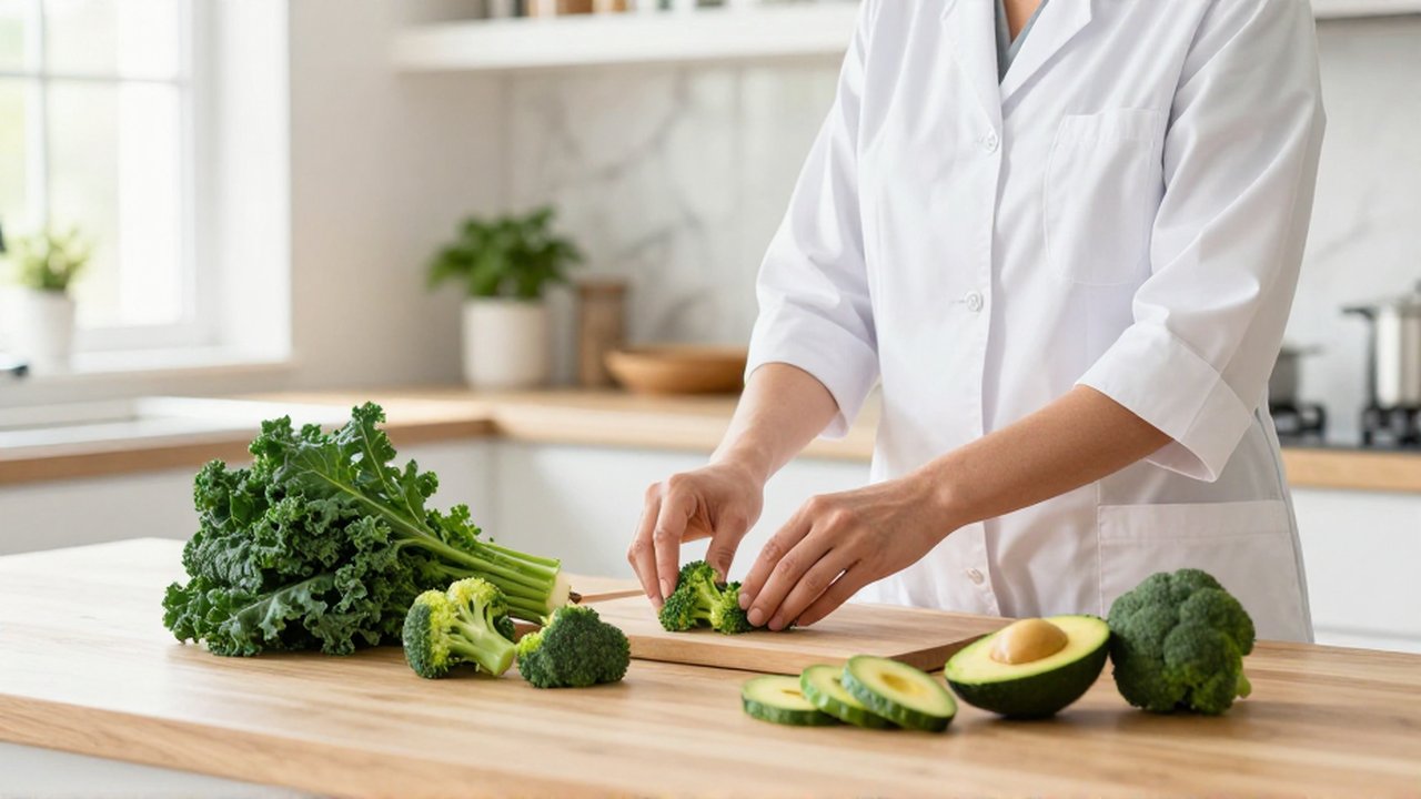 Nutricionista preparando una selección de vegetales verdes y aguacate en una cocina luminosa.