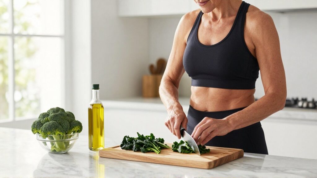 Mujer deportista corta vegetales verdes en una cocina luminosa para preparar una comida saludable.