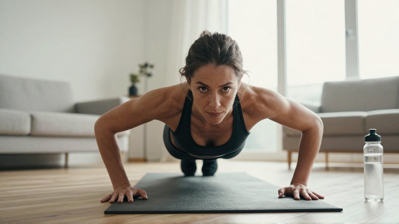 Mujer atlética realiza flexiones explosivas con intensidad en una luminosa sala de estar moderna.