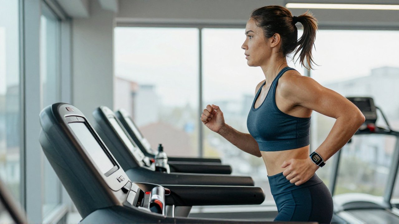 Persona atlética corriendo con determinación en una cinta de correr dentro de un estudio de fitness iluminado.