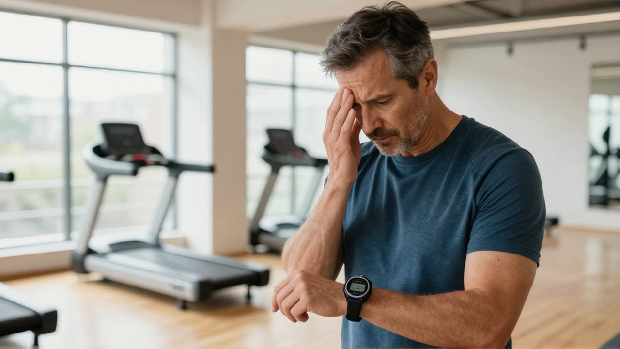 Atleta de mediana edad observa con confusión un cronómetro digital en un gimnasio luminoso.