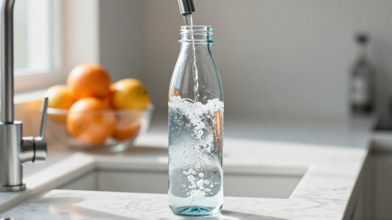 Agua cristalina llenando una botella de vidrio sobre un mostrador de mármol en una cocina luminosa.