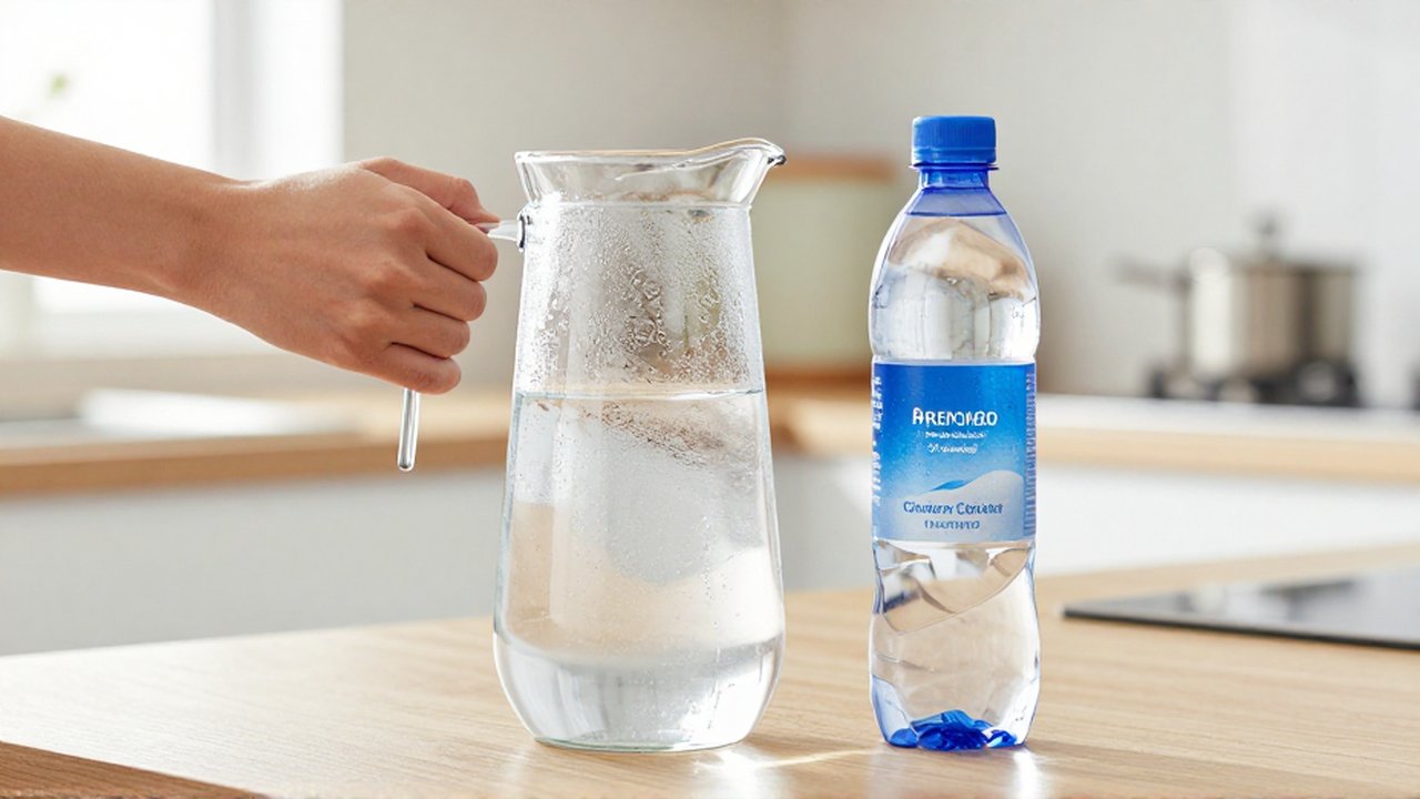 Una mano coloca una jarra de vidrio con agua junto a una botella de agua mineral en una cocina luminosa.