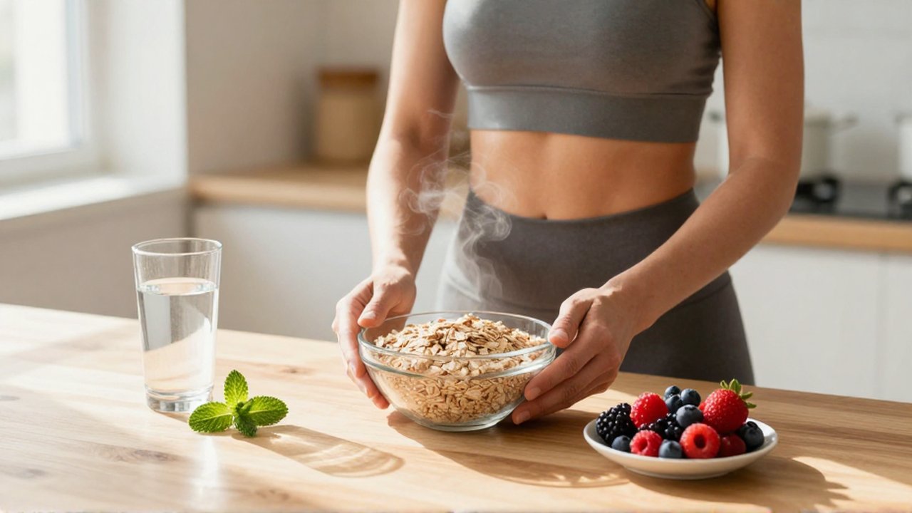 Persona con ropa deportiva elige entre avena y frutos rojos en una cocina luminosa.