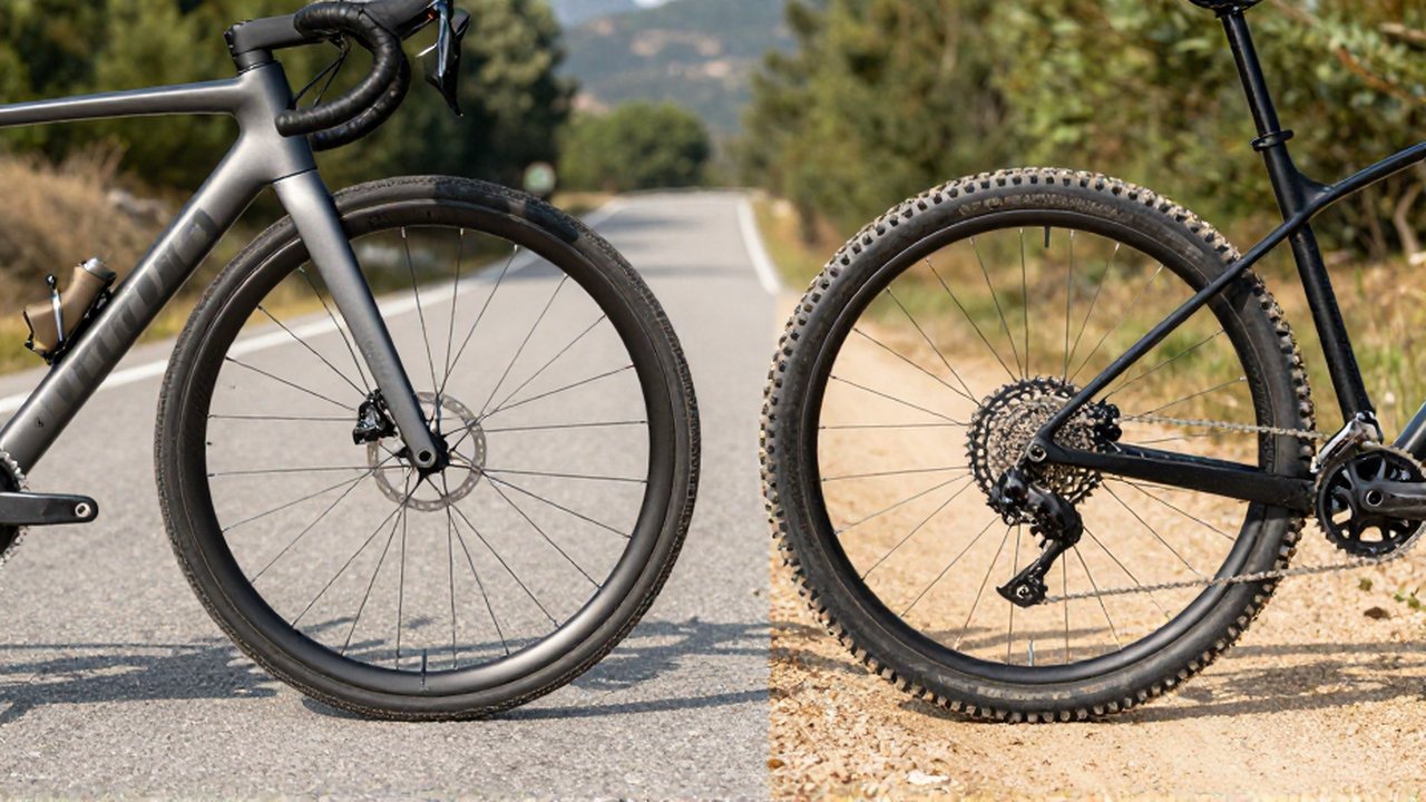 Comparación en pantalla dividida de una bicicleta de carretera aerodinámica y una de montaña robusta.