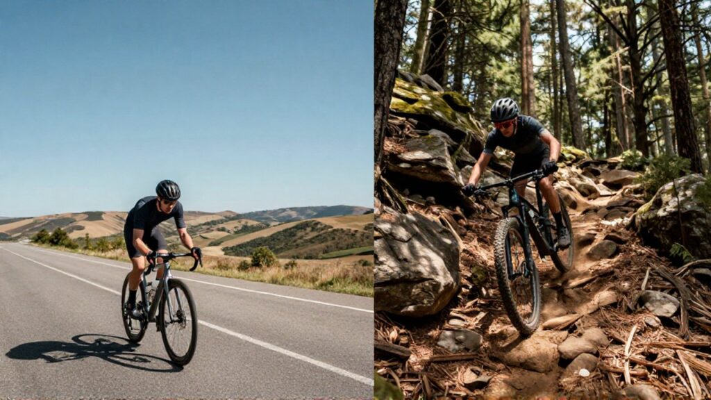 Imagen dividida que muestra a un ciclista de carretera en el asfalto y a un ciclista de montaña en un sendero boscoso.
