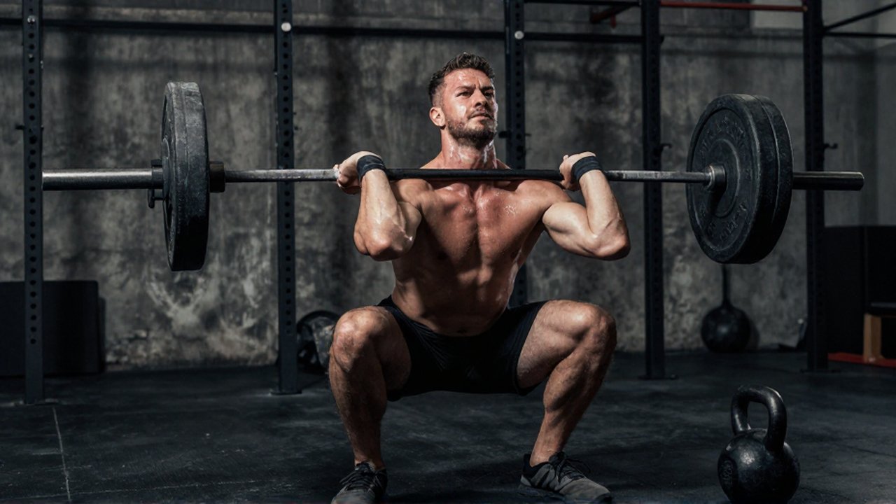 Atleta musculoso realiza una sentadilla con barra en un gimnasio industrial de estilo rudo.