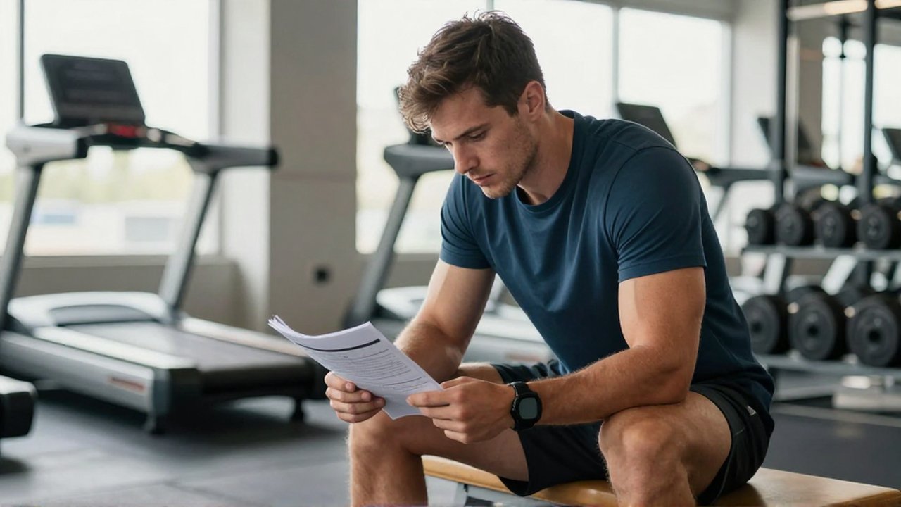 Atleta concentrado revisando su diario de entrenamiento en un gimnasio luminoso con pesas y cintas de correr al fondo.