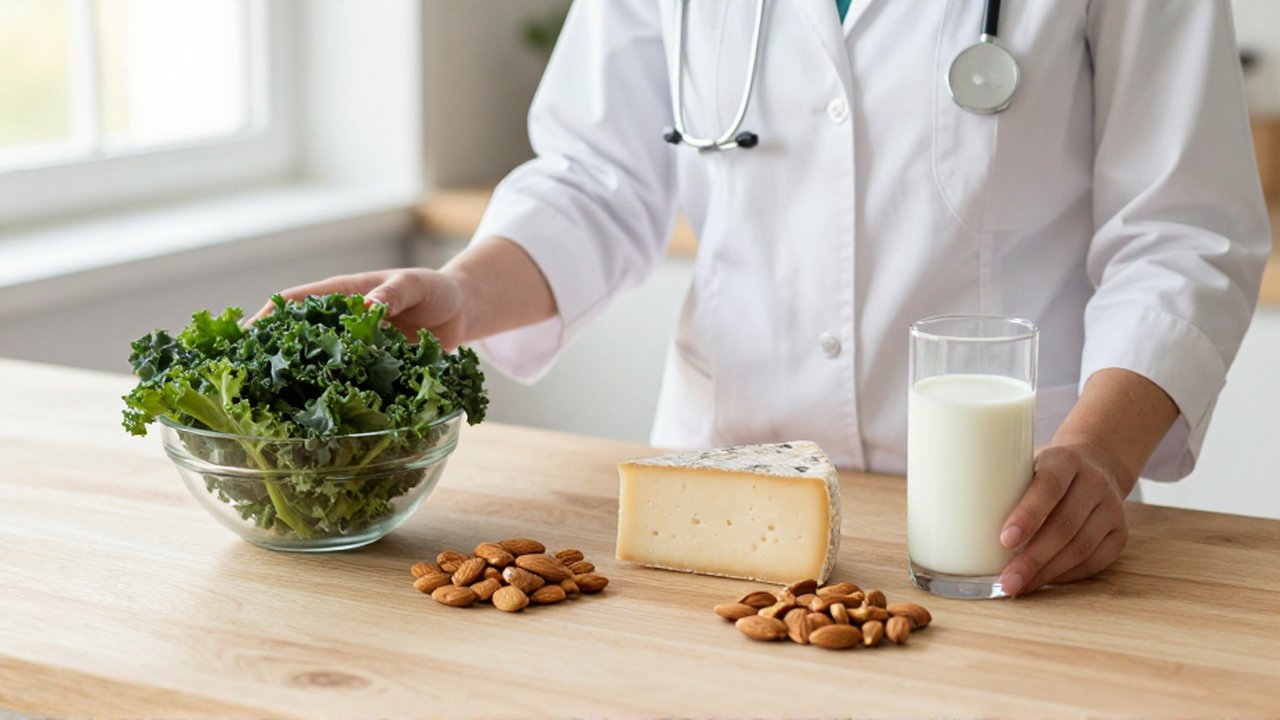 Variedad de alimentos ricos en calcio, como vegetales de hoja verde, almendras, queso y leche, sobre una encimera de madera.